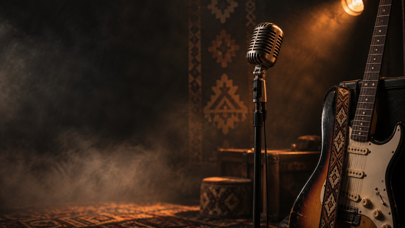 Micro vintage et guitare électrique sur fond de tapis berbère, en hommage à l'univers scénique de Djamel Sabri